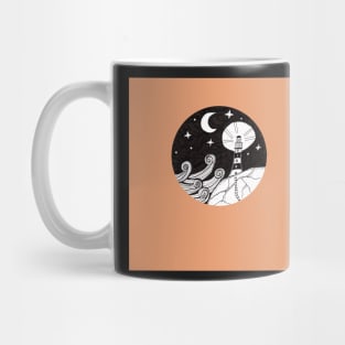 Whimsical Lighthouse Night Time Ink Illustration with a coral background Mug